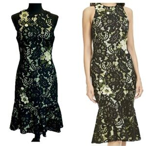 Theia black lace green sequin beaded floral appliqué sleeveless ruffle dress 6